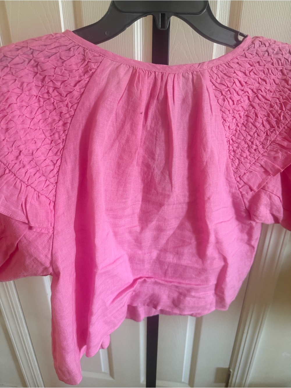 Self Contrast Linen Puff Sleeve Blouse with Tie Detail - Picture 6 of 8